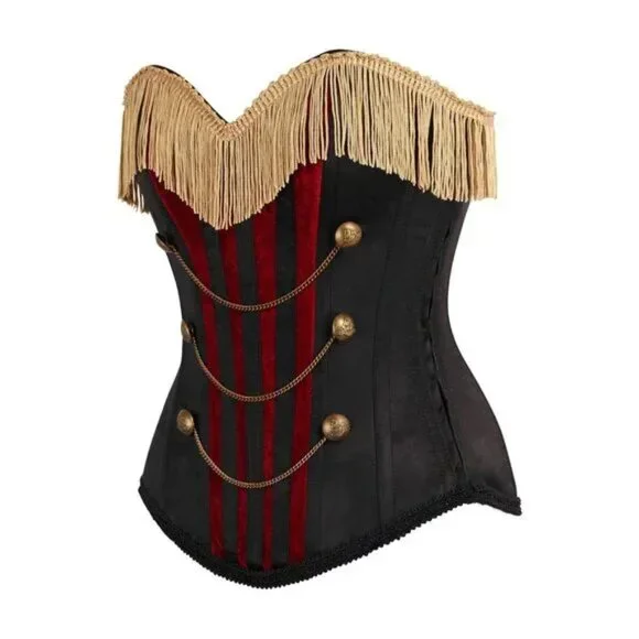 Burlesque Black/Dark Red Steel Boned Corset w/Gold Fringe